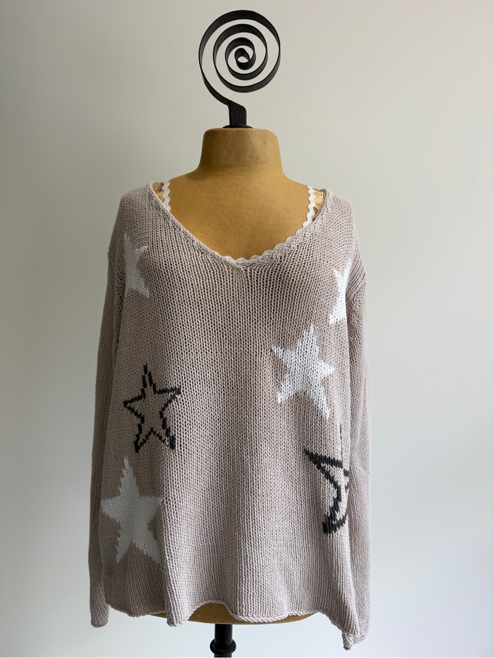 Wooden Ships Taupe V-Neck Star-Print Sweater